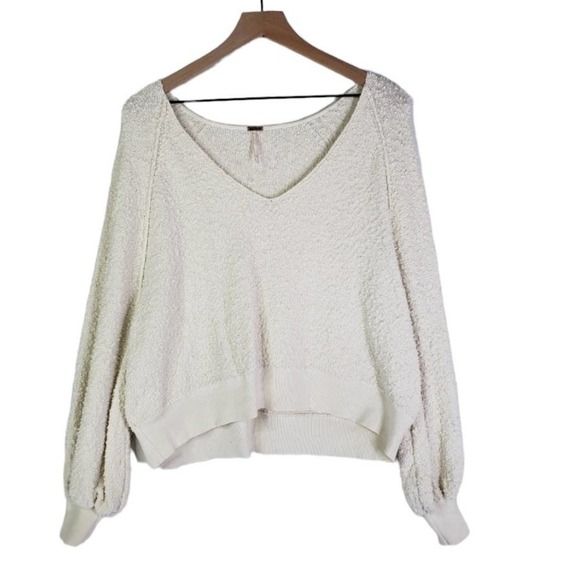Free People Boucle‎ Textured Pullover S Ivory Slouch Long Sleeve V-Neck - Picture 1 of 8